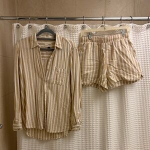 Universal Thread Striped Beige & White Button-Up Shirt Matching Shorts Sz S